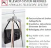 A gray hook holding two handbags, with text describing product features in German and English. Produktbild-Vorschau