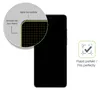 A black smartphone is shown with a magnified inset showing a protective film applied to the corner, highlighting its edge-to-edge coverage. A checkmark icon and text indicating a perfect fit are also present. Produktbild-Vorschau