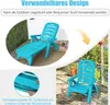 A collage of images showing a blue plastic lounge chair in different configurations and settings, including a close-up of a locking mechanism. Produktbild-Vorschau