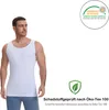 A man wearing a white tank top, with certifications displayed. Produktbild-Vorschau