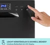 A close-up of a person's finger pressing a button on a black appliance with an LED display. Produktbild-Vorschau