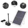 A solar panel and a water pump for a fountain are displayed against a white background, with three circular inset images showing the pump in use in a pond. Náhled obrázku produktu
