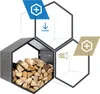A graphic illustration of a modular hexagonal firewood storage system, with one module filled with firewood and other modules showing icons. Podgląd zdjęcia produktu