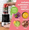 A hand is shown placing a lid on a blender cup filled with fruits and vegetables. The blender base is visible. The background is a pink collage with images of smoothies, soup, dips, and shakes, along with text. Podgląd zdjęcia produktu