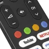 A close-up view of a black universal remote control with various colored buttons and labels. Voir les images du produit