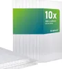 A stack of transparent polycarbonate sheets with a green and blue gradient overlay containing product information. Produktbild-Vorschau