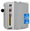 A silver mini-refrigerator with its door slightly ajar, revealing cans and bottles inside. It is shown on a light gray background with promotional icons on the right side. Produktbild-Vorschau