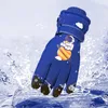 A blue children's glove with an astronaut and planet design, shown with water splashing around it. Produktbild-Vorschau