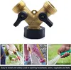 A Y-shaped hose splitter with three inset images showing its use in watering plants, a child watering flowers, and a hand holding a hose spraying water. Produktbild-Vorschau