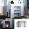 A collage of images showing a white fireplace surround with shelving, a lit fireplace, and a separate view of the shelving unit. Náhled obrázku produktu