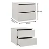 A white two-drawer nightstand is shown from two angles. The top image shows the nightstand closed with dimensions indicated. The bottom image shows the nightstand with both drawers open. Produktbild-Vorschau