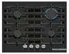 A top-down view of a black gas stovetop with four burners, two of which are lit with blue flames. Anteprima dell’immagine prodotto