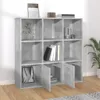 A concrete gray bookshelf with multiple compartments, some with doors, is shown in a room with a plant and wooden floor. Náhled obrázku produktu