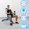 A man is sitting on a weight bench and holding dumbbells, with diagrams of muscle groups on the right side. Náhľad obrázku produktu
