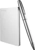 A silver external hard drive and a silver pen are shown against a white background. Produktbild-Vorschau