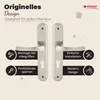 A marketing image showcasing two silver door handles with accompanying feature icons and text. Produktbild-Vorschau