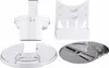 A collection of kitchen appliance attachments, including a blender attachment, a storage rack, and several cutting discs, are arranged on a white background. Produktbild-Vorschau