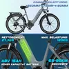 A split image showing an electric bicycle with its specifications and dimensions. Produktbild-Vorschau