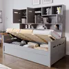 A grey wooden daybed with storage and shelving unit, shown with the bed frame lifted to reveal storage space. Náhľad obrázku produktu