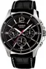 A close-up studio shot of a men's Casio watch with a black dial and black leather strap. Anteprima dell’immagine prodotto