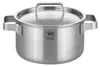 A stainless steel pot with a lid and handles, shown from the front. Náhled obrázku produktu