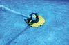 An underwater view of a pool cleaner attached to a hose, cleaning the tiled bottom of a swimming pool. Produktbild-Vorschau