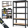 A collage of images showing different views and configurations of a black metal shelving unit, with some shelves filled with various storage items. Náhľad obrázku produktu