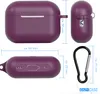 Multiple views of a purple silicone case for AirPods Pro 2, along with a carabiner and dimension callouts. Produktbild-Vorschau
