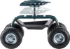 A dark green garden stool with four large wheels, shown against a white background. The seat is depicted in multiple positions, indicating adjustability. Podgląd zdjęcia produktu