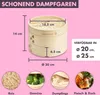 A diagram and product images illustrating a bamboo steamer. Produktbild-Vorschau