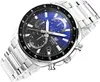 A close-up shot of a Casio Edifice watch with a silver band and a blue and black dial. Voir les images du produit