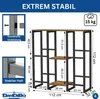 A diagram showing the dimensions and features of a shelving unit, with text and logos. Produktbild-Vorschau