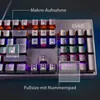 A close-up view of a mechanical gaming keyboard with RGB lighting, highlighting specific keys and features with text overlays. Produktbild-Vorschau
