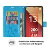 A blue flip case for a Xiaomi Redmi Note 13 Pro phone, showing the phone screen and the inside of the case with card slots and a banknote. Produktbild-Vorschau