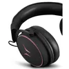 A close-up shot of a black gaming headset with pink RGB lighting. Produktbild-Vorschau