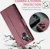 A red leather phone case is shown open, with a phone inside. The case is shown in a dynamic pose, as if falling, with cracked ground effects. Inset circles show close-ups of two other phone cases, one black and one brown. Produktbild-Vorschau
