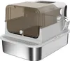A product shot of a large, enclosed cat litter box with a transparent brown lid and a silver base. Produktbild-Vorschau