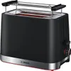 A black Bosch toaster with a chrome base and a warming rack on top, set against a white background. Voir les images du produit