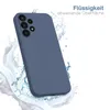 A blue phone case is shown with water splashing around it, suggesting it is water-repellent. Produktbild-Vorschau
