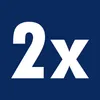 The image shows the text "2x" in large white font on a dark blue background. Produktbild-Vorschau