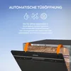 A dishwasher door is shown opening, with text and icons above explaining its automatic door opening feature. Produktbild-Vorschau