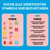 Übersicht des Feuerwehr-Sensorik-Spielzeugs mit der Suchkarte sowie einer Anleitung zum Finden der versteckten Symbole und Buchstaben im Inneren des Spielzeugs. Produktbild-Vorschau