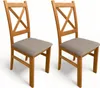 Two wooden chairs with gray upholstered seats are shown against a white background.