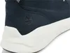 A close-up view of the side of a navy blue Timberland shoe with a white sole. Produktbild-Vorschau