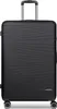 A black suitcase with a textured surface and a retractable handle.