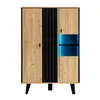 A modern cabinet with a wood finish and black accents, featuring illuminated blue shelves. Produktbild-Vorschau