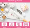 A flat lay of baking ingredients and tools, including eggs, flour, sugar, a piping bag, and piping tips, with marketing text and icons at the bottom. Anteprima dell’immagine prodotto