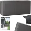 A collage of images showing a dark gray plastic storage box from different angles, including a close-up of its lid and an inset showing it placed in an outdoor setting. Náhled obrázku produktu