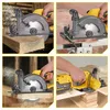 A collage of four images showing a cordless circular saw being used to cut wood. The images demonstrate different angles and applications of the saw. Produktbild-Vorschau
