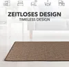 A brown rug is placed on a white floor in front of a white sofa and a white side table. Icons representing different rooms are displayed at the top of the image. Produktbild-Vorschau